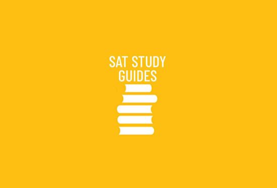 Yellow background with a stack of books labeled "SAT Study Guides," highlighting essential materials for SAT preparation.