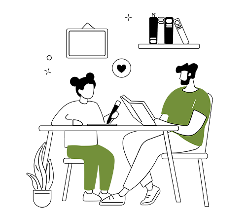 Vector illustration of a girl studying at the dining table with her dad, highlighting the supportive environment for effective SAT prep.