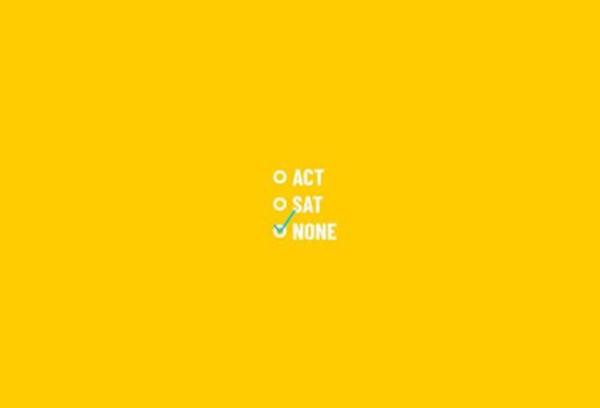 Yellow background with multiple-choice answers: "ACT," "SAT," "NONE," symbolizing the decision process in test preparation.