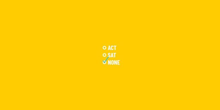 Yellow background with multiple-choice answers: "ACT," "SAT," "NONE," symbolizing the decision process in test preparation.