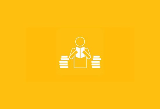 Vector image of a person behind stacks of books on a yellow background, representing the comprehensive SAT study courses available.